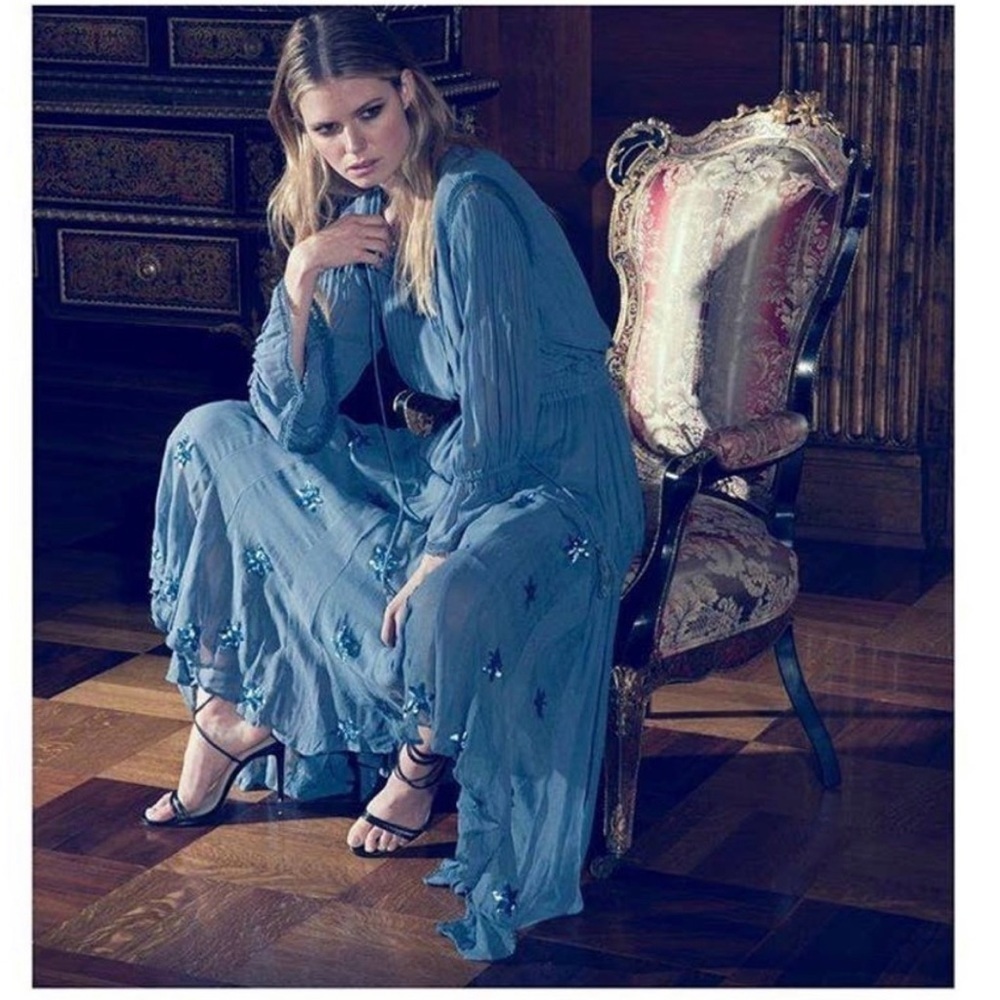 MISA Galina Sequin Flower Midi Dress In Blue